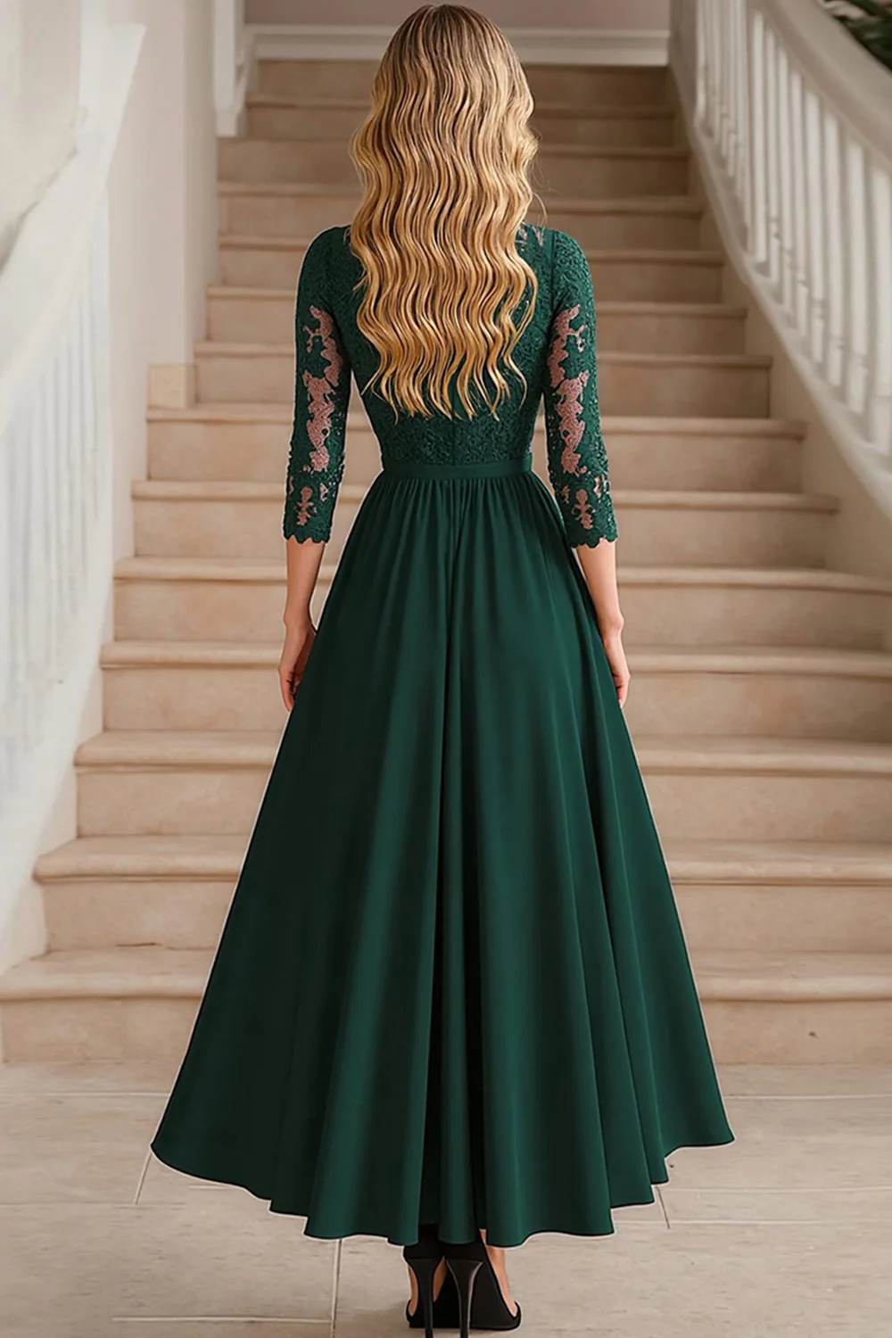 Élégante robe en mousseline de soie longue mère de la mariée à col en V vert foncé A-line col V avec appliques de dentelle - Image 2