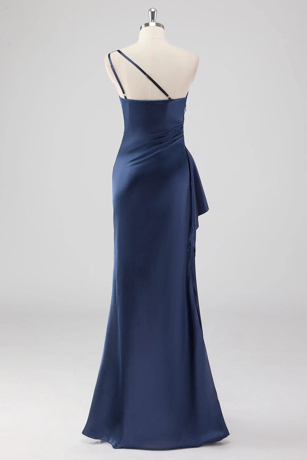 Élégante robe formelle à une épaule en satin bleu marine avec fente - Image 2