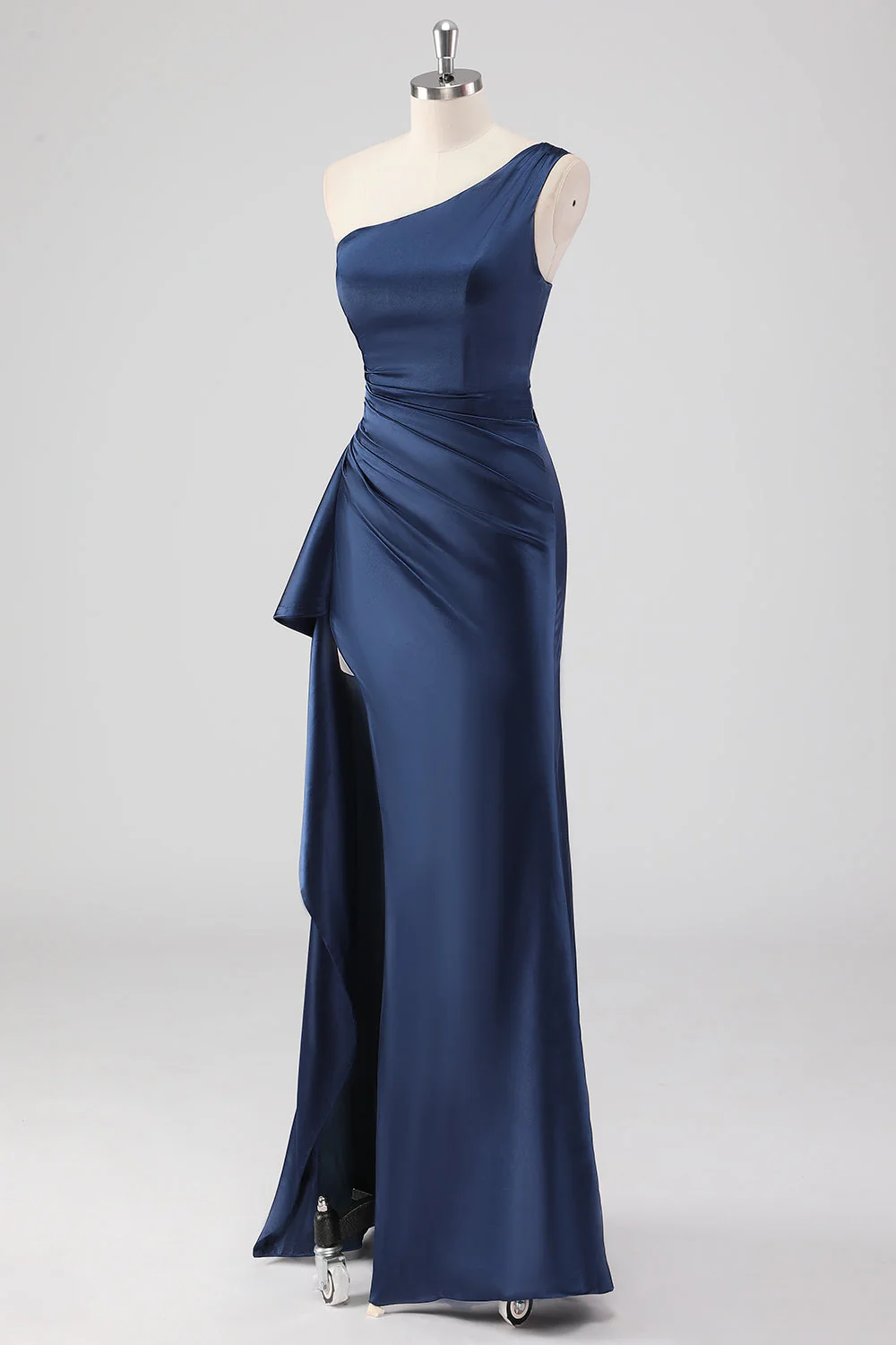 Élégante robe formelle à une épaule en satin bleu marine avec fente - Image 3