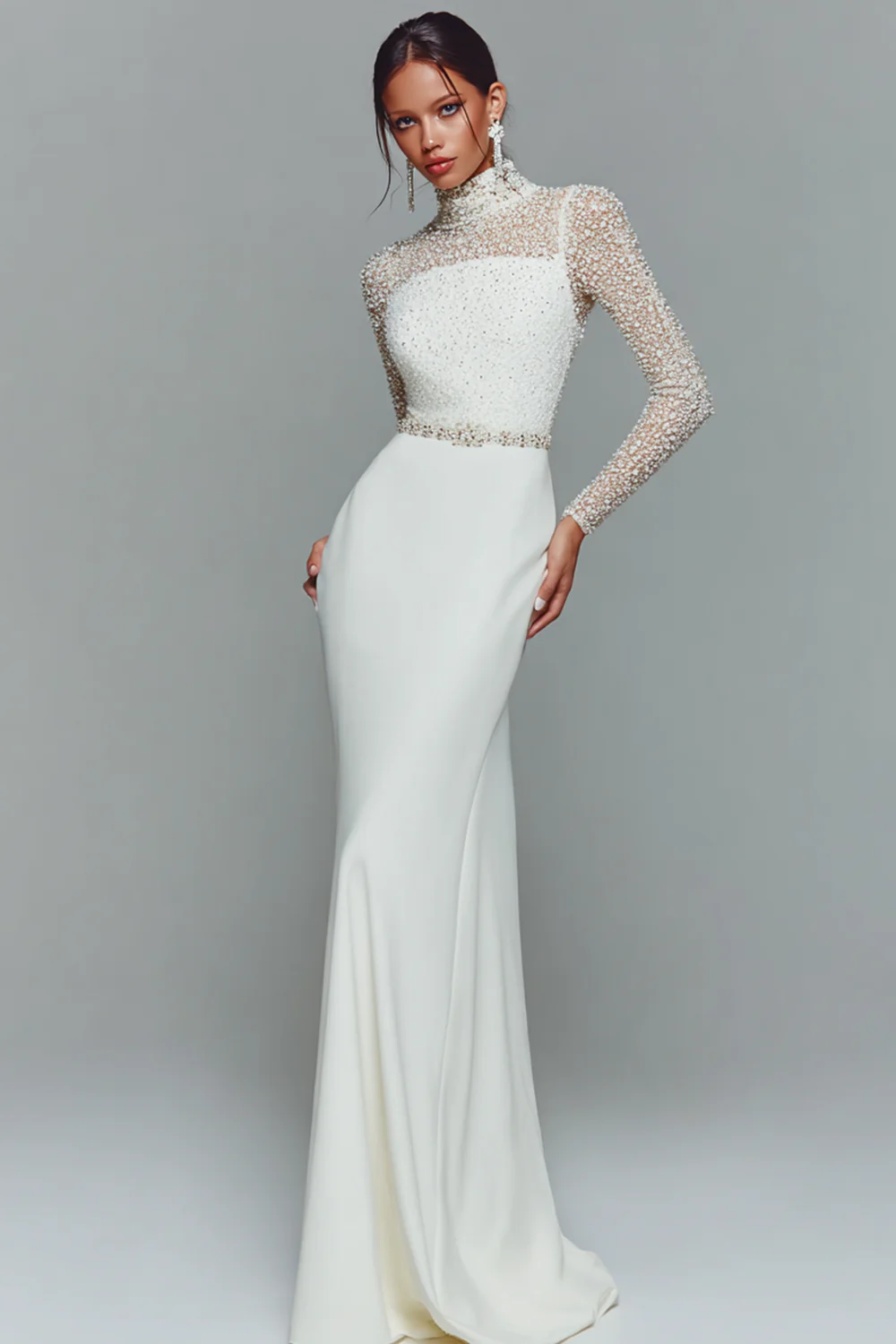 élégante robe formelle en mousseline de soie blanche à col haut sirène à manches longues