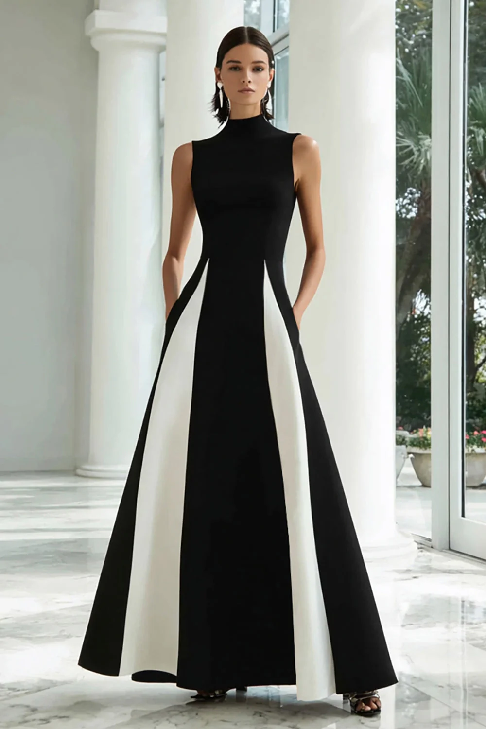 Élégante robe longue formelle trapèze noire et blanche à col haut
