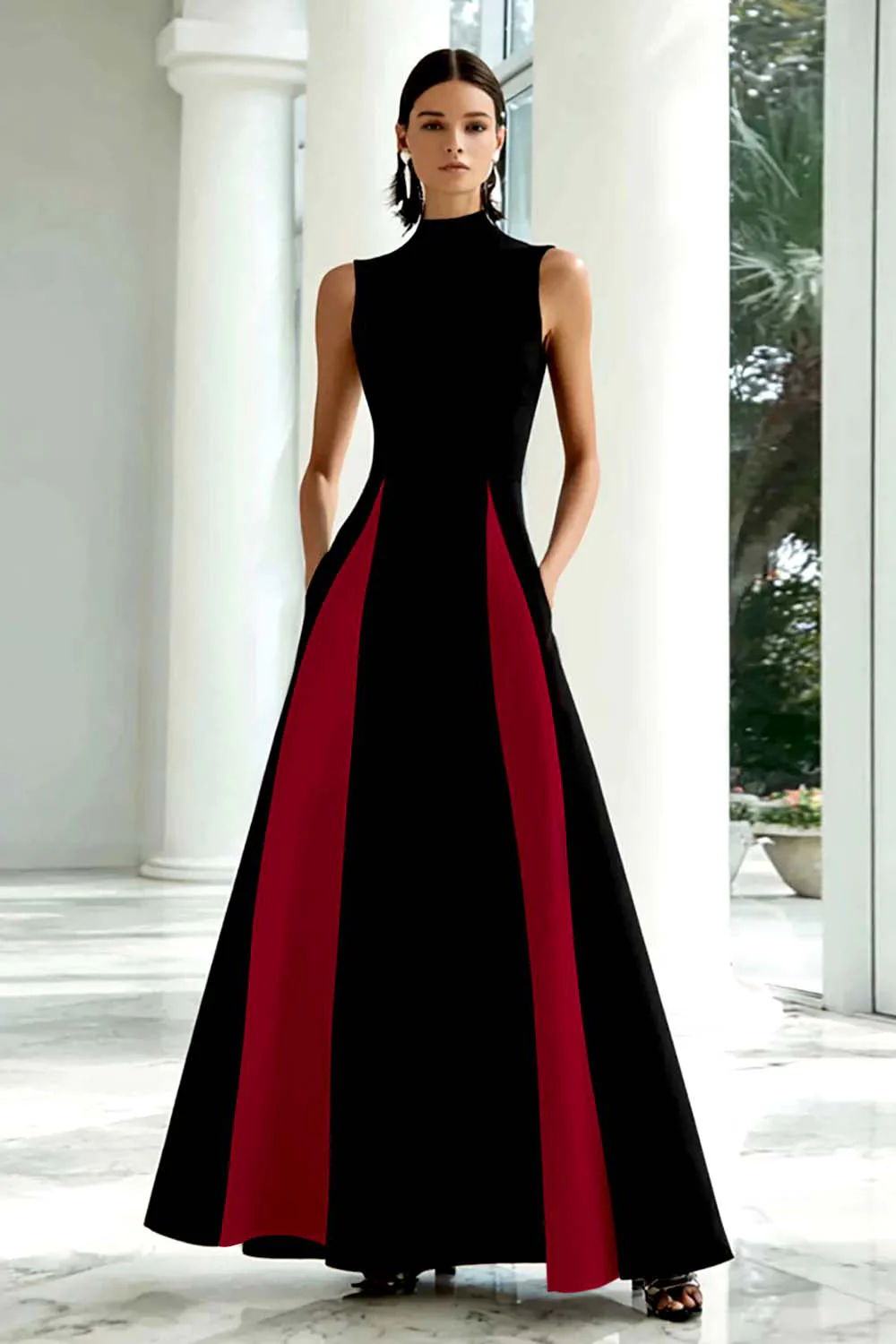 Élégante robe longue formelle trapèze noire et blanche à col haut - Image 10