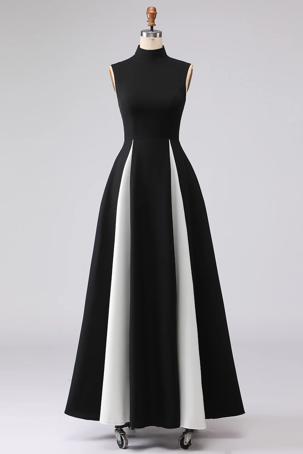 Élégante robe longue formelle trapèze noire et blanche à col haut - Image 3