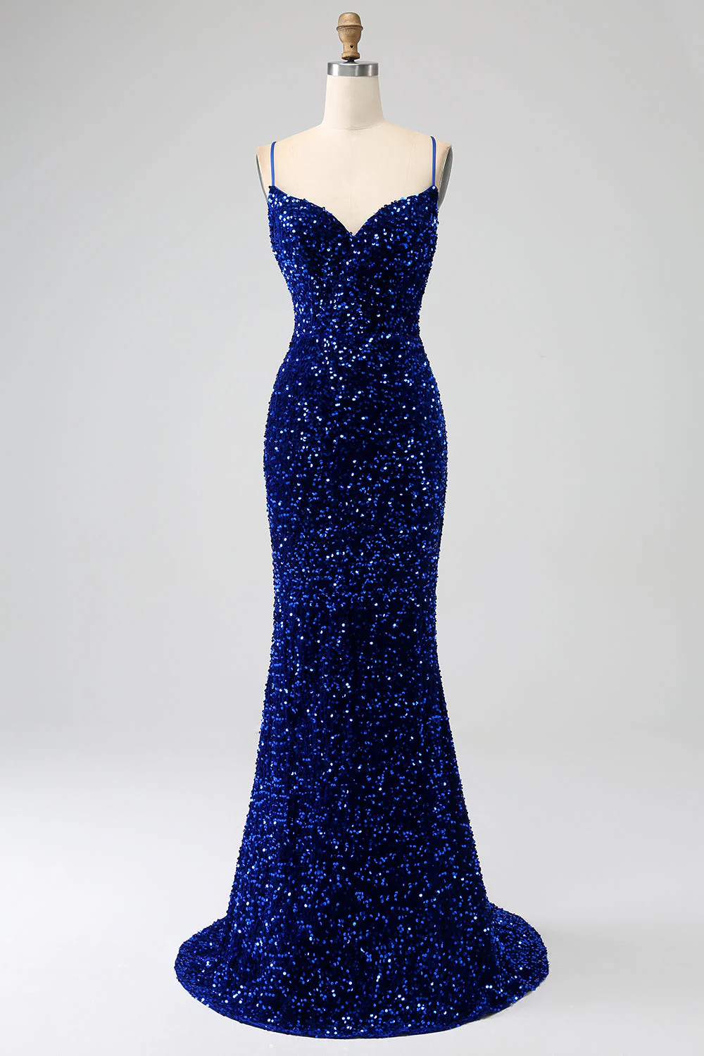 Robe de soirée sirène longue en velours à sequins bleu royal à bretelles spaghetti