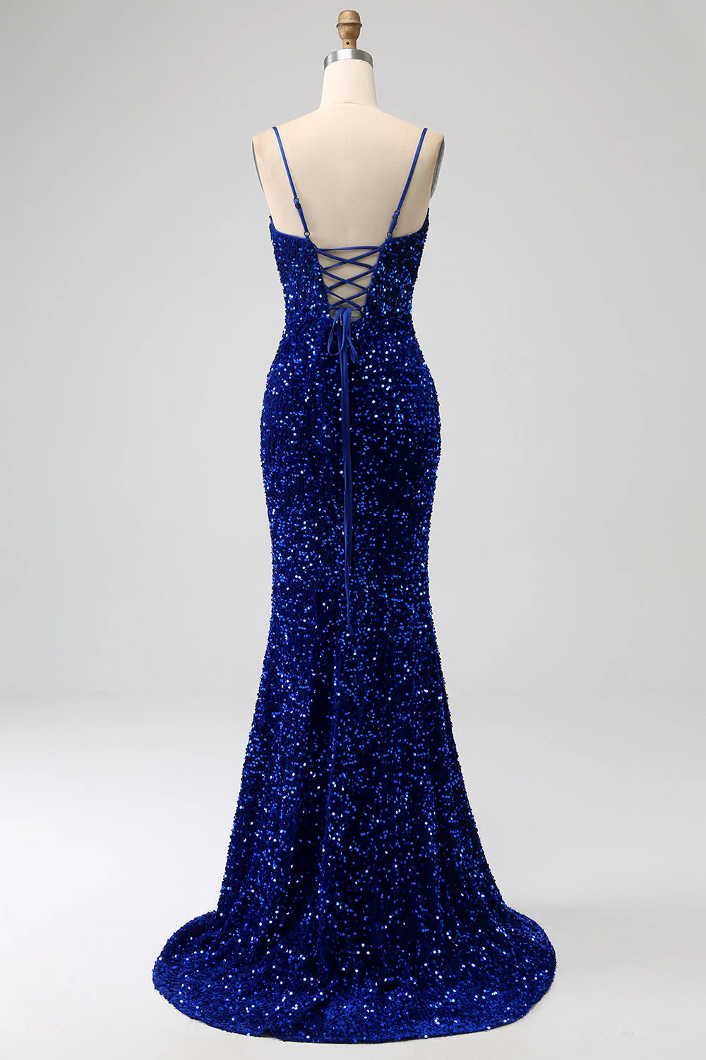 Robe de soirée sirène longue en velours à sequins bleu royal à bretelles spaghetti - Image 2