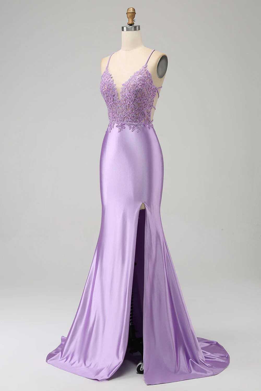 Élégante sirène bretelles spaghetti lilas longue robe de soirée avec fente appliques - Image 5