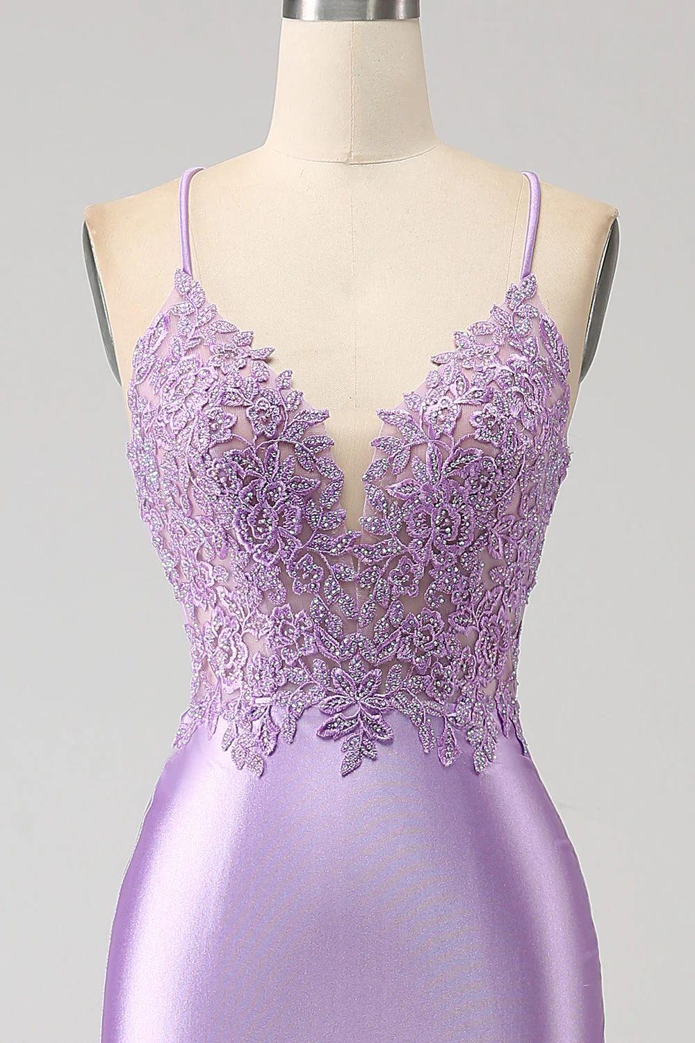 Élégante sirène bretelles spaghetti lilas longue robe de soirée avec fente appliques - Image 6