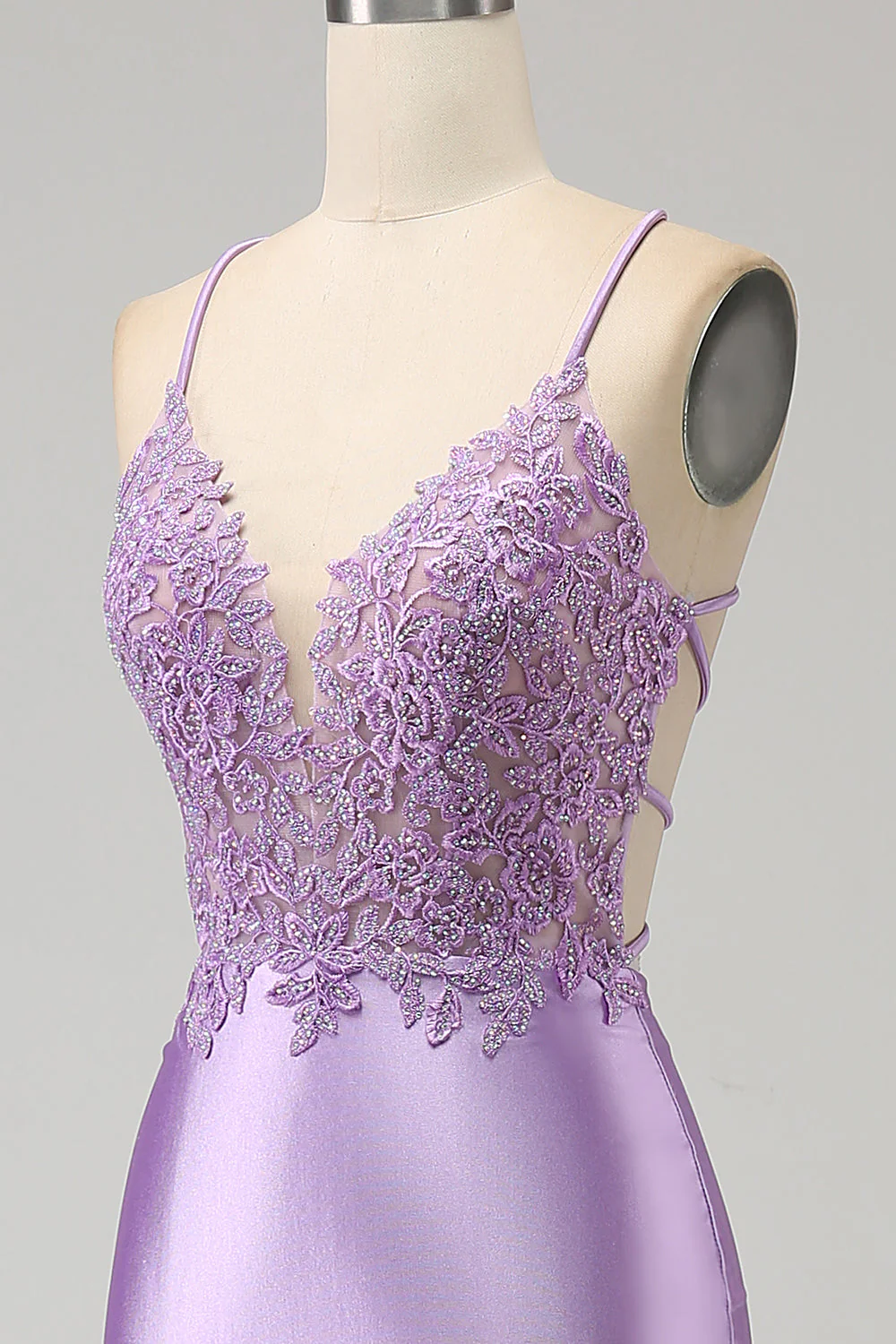 Élégante sirène bretelles spaghetti lilas longue robe de soirée avec fente appliques - Image 8