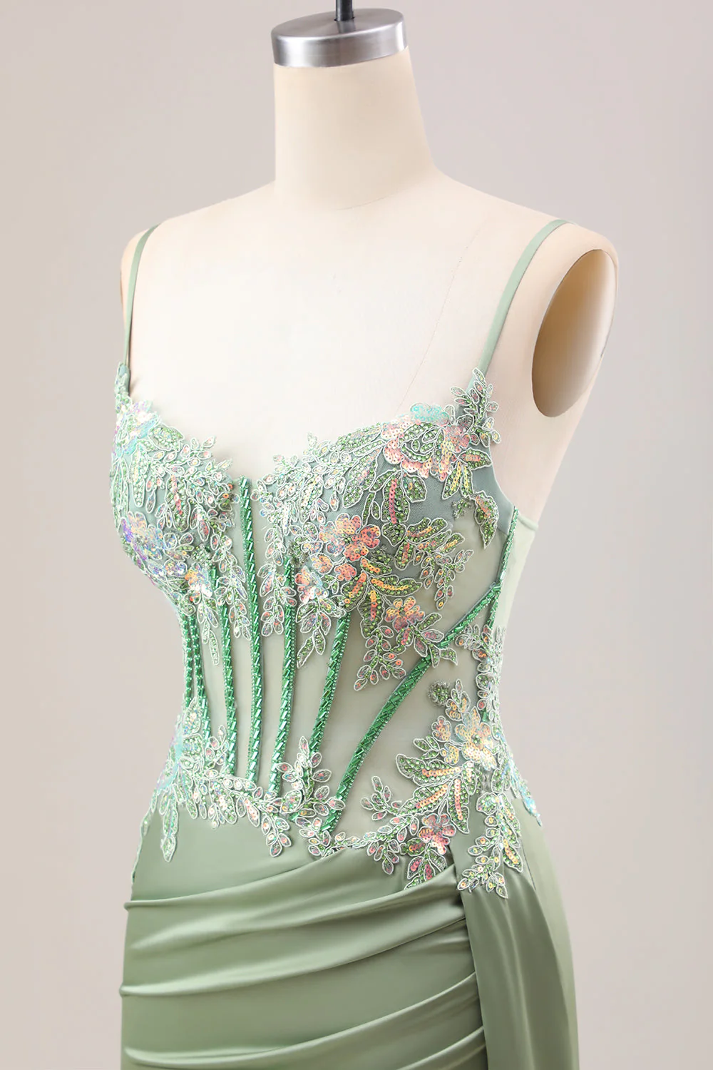 Élégante Sirène Lilas Plissé Paillettes Corset Longue Robe De Bal Avec Fente - Image 12