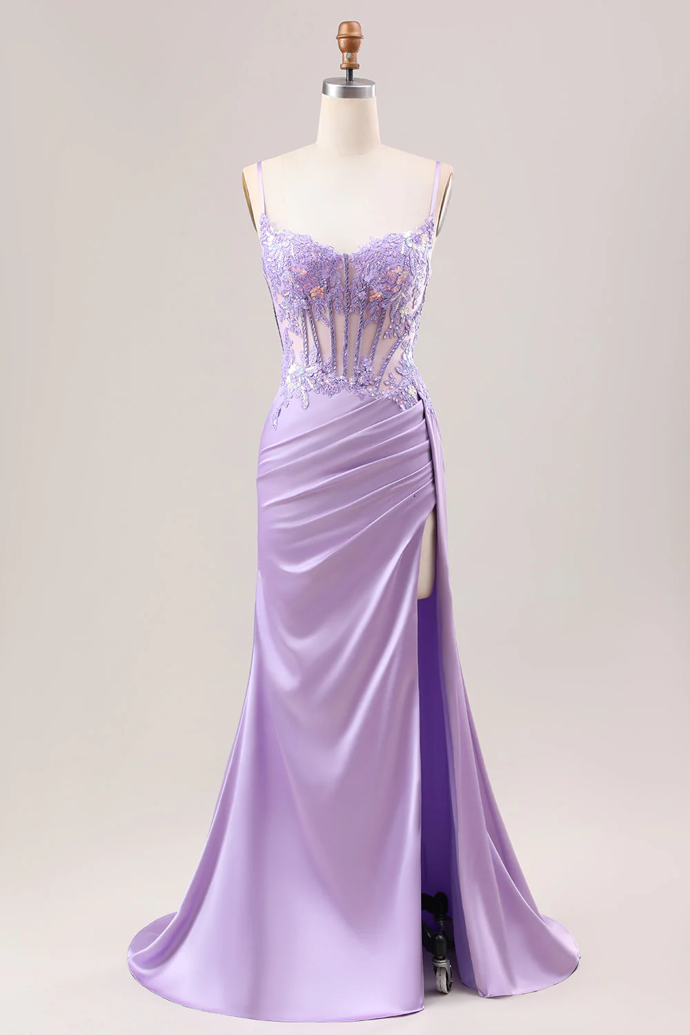 Robe de soirée longue sirène plissée en sequins sauge avec corset et fente haute - Image 14