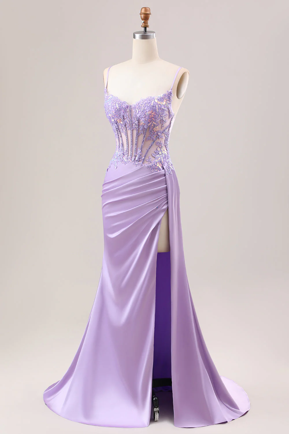 Robe de soirée longue sirène plissée en sequins sauge avec corset et fente haute - Image 16