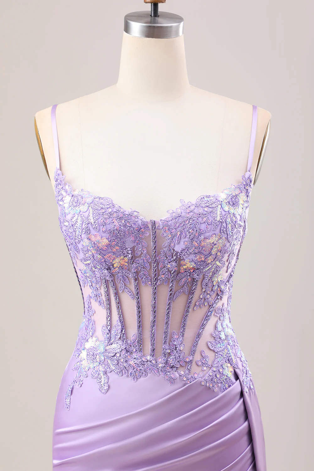 Robe de soirée longue sirène plissée en sequins sauge avec corset et fente haute - Image 17