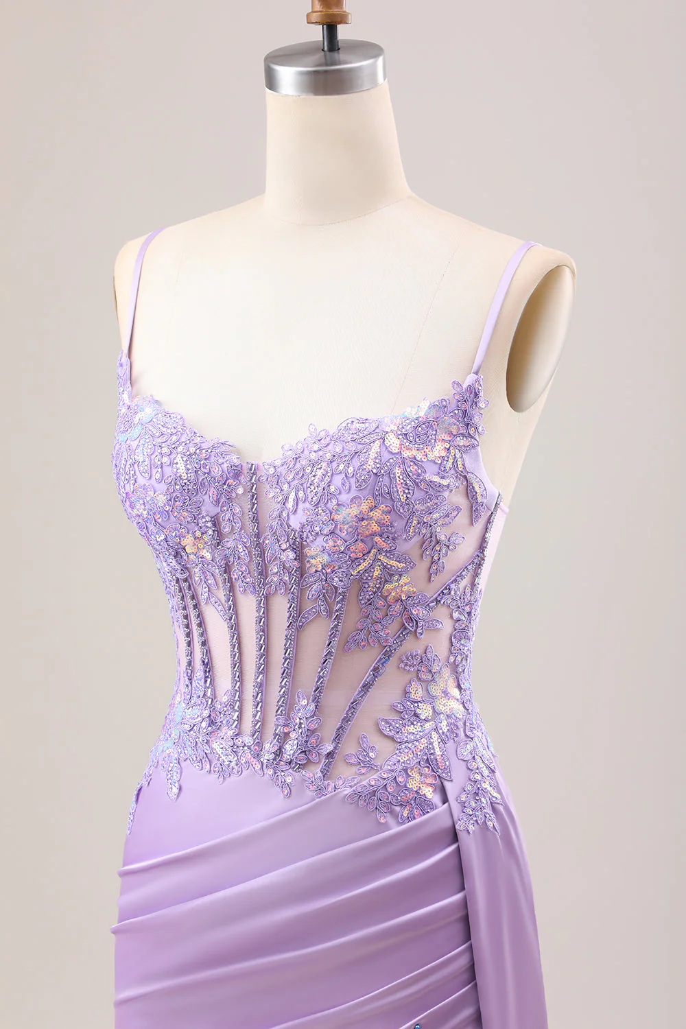 Robe de soirée longue sirène plissée en sequins sauge avec corset et fente haute - Image 19