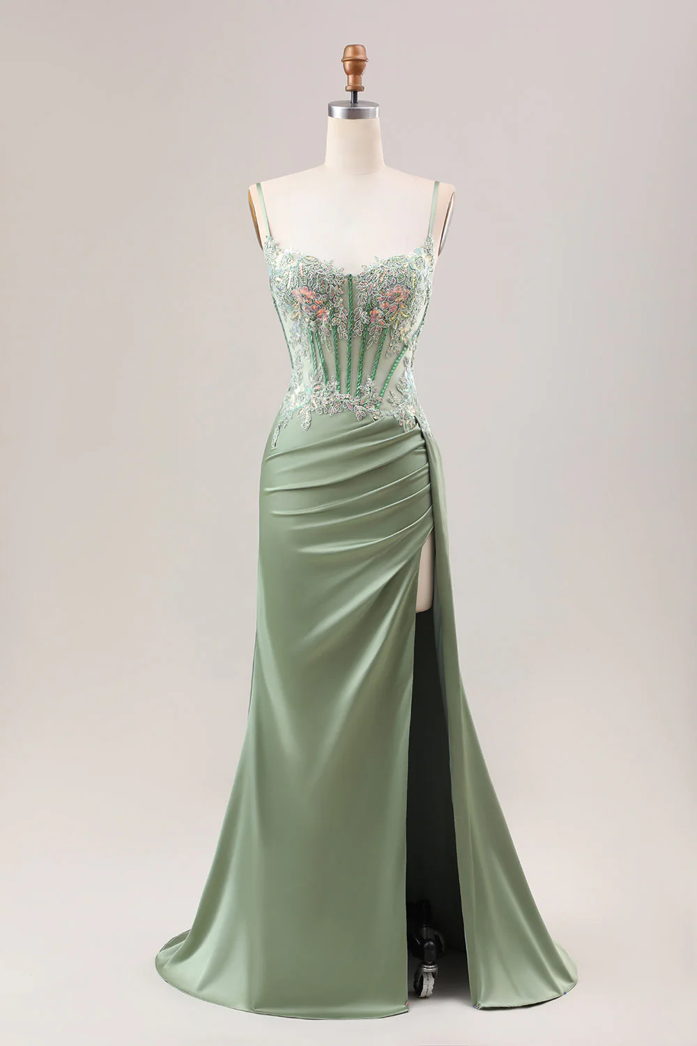 Robe de soirée longue sirène plissée en sequins sauge avec corset et fente haute - Image 3