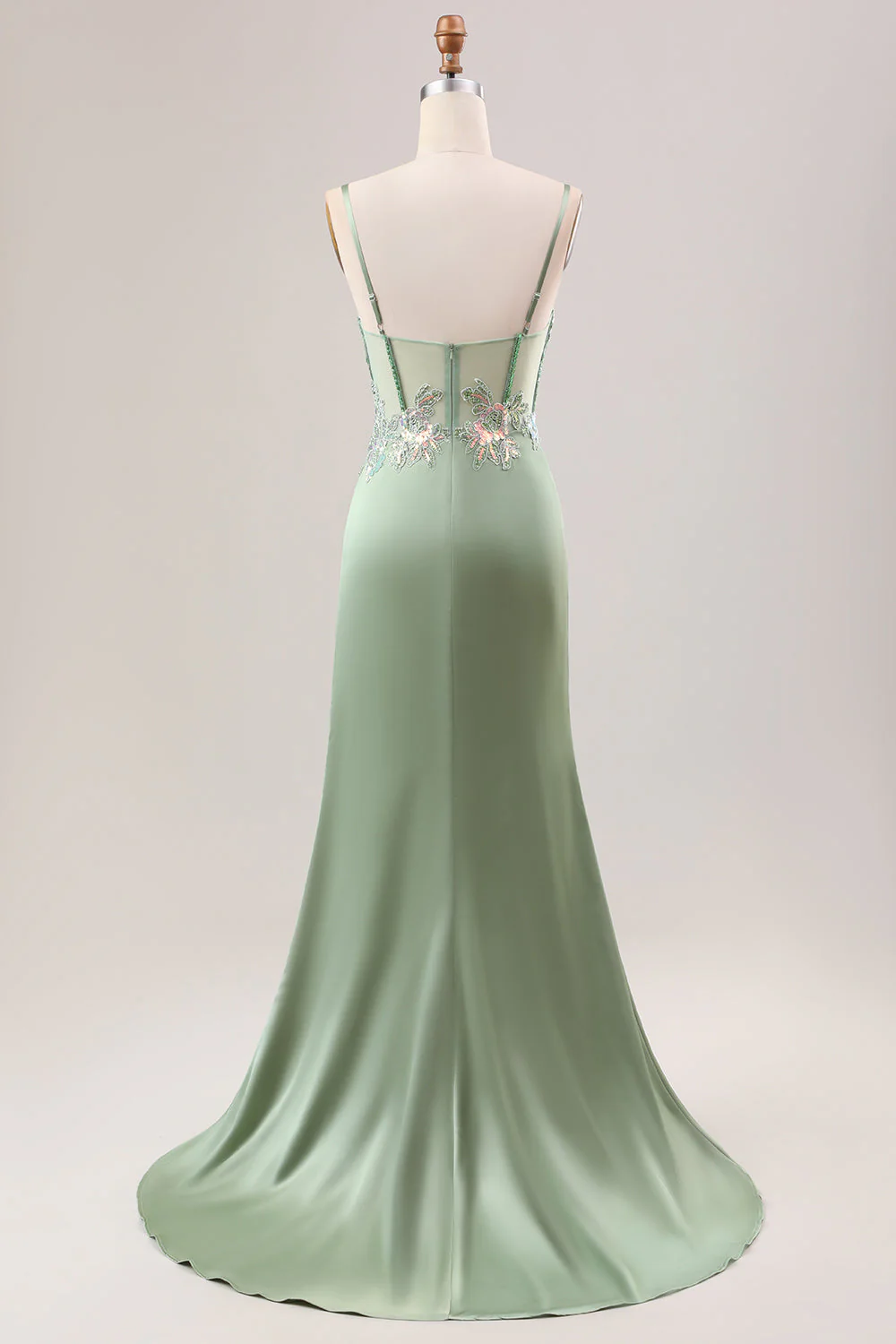 Robe de soirée longue sirène plissée en sequins sauge avec corset et fente haute - Image 4