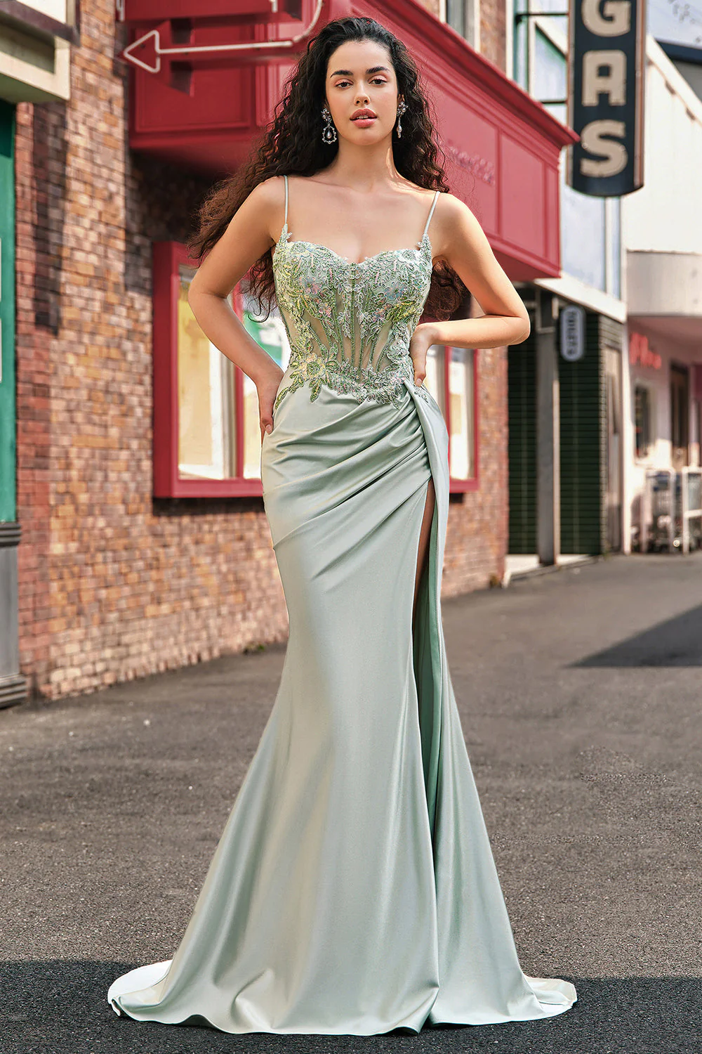 Robe de soirée longue sirène plissée en sequins sauge avec corset et fente haute - Image 6