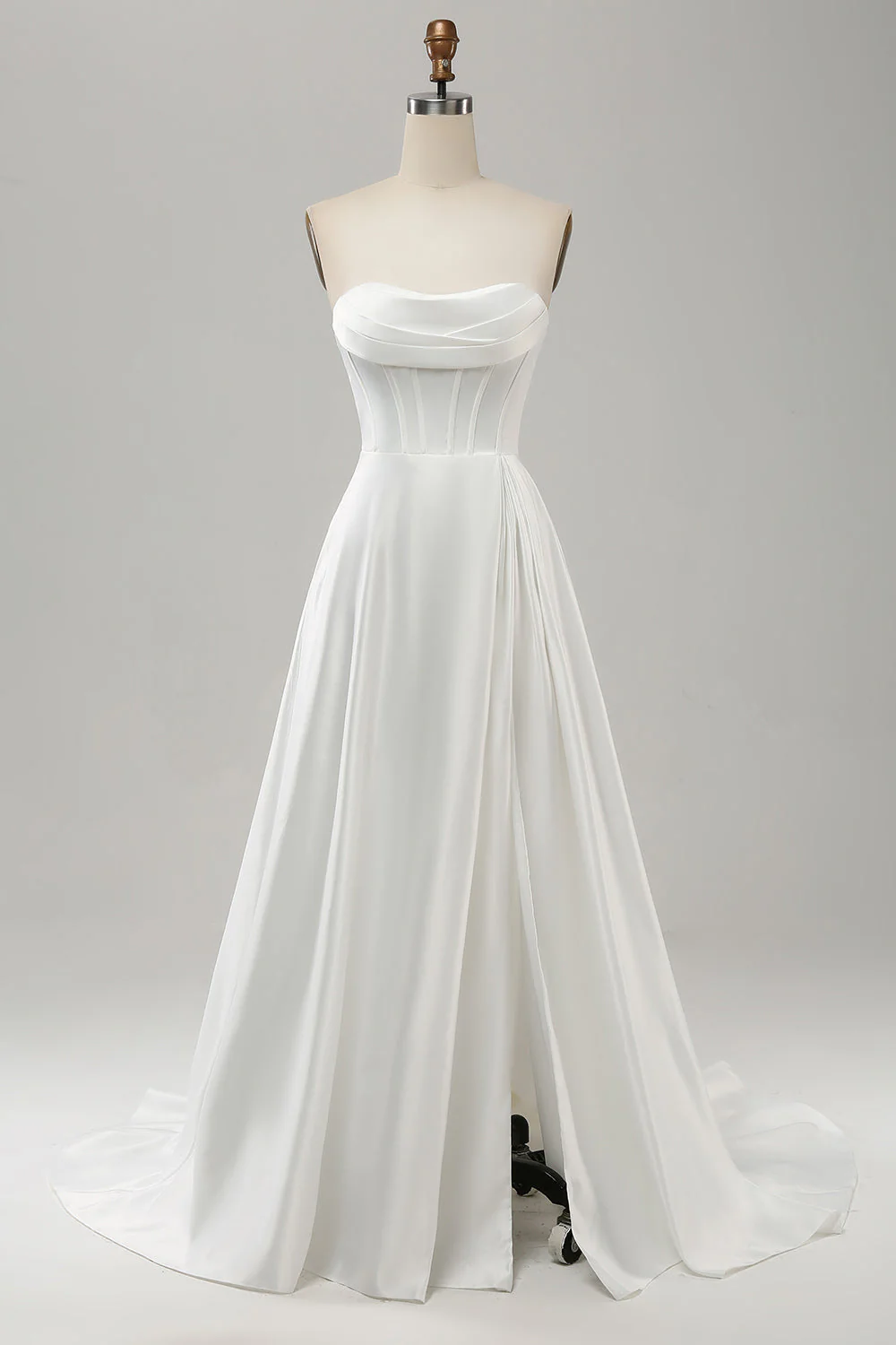 Élégante Une Ligne Sans Bretelles Plissé Balayage Traîne Robe De Mariée Blanche Avec Fente - Image 3