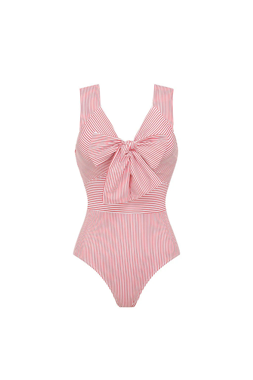 Ensemble de maillots de bain 2 pièces en nœud nœud à rayures rouges avec robe de plage - Image 2
