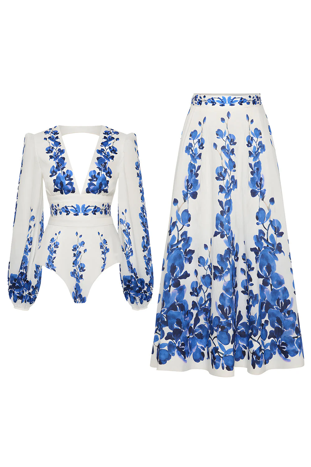 Ensemble de maillots de bain à manches longues fleur bleu blanc 2 pièces avec robe de plage