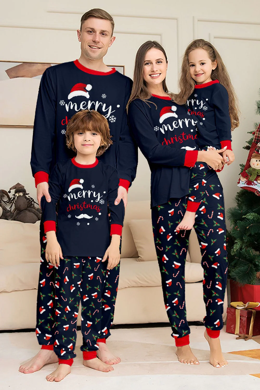 Ensemble de pyjama assorti familial imprimé Joyeux Noël bleu marine