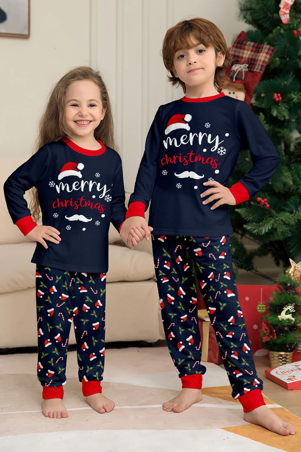 Ensemble de pyjama assorti familial imprimé Joyeux Noël bleu marine - Image 10