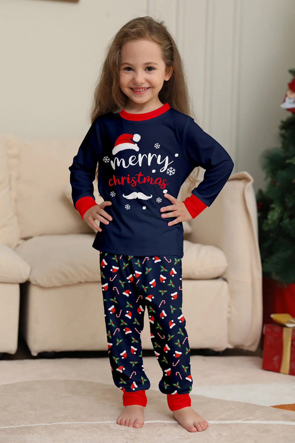 Ensemble de pyjama assorti familial imprimé Joyeux Noël bleu marine - Image 14