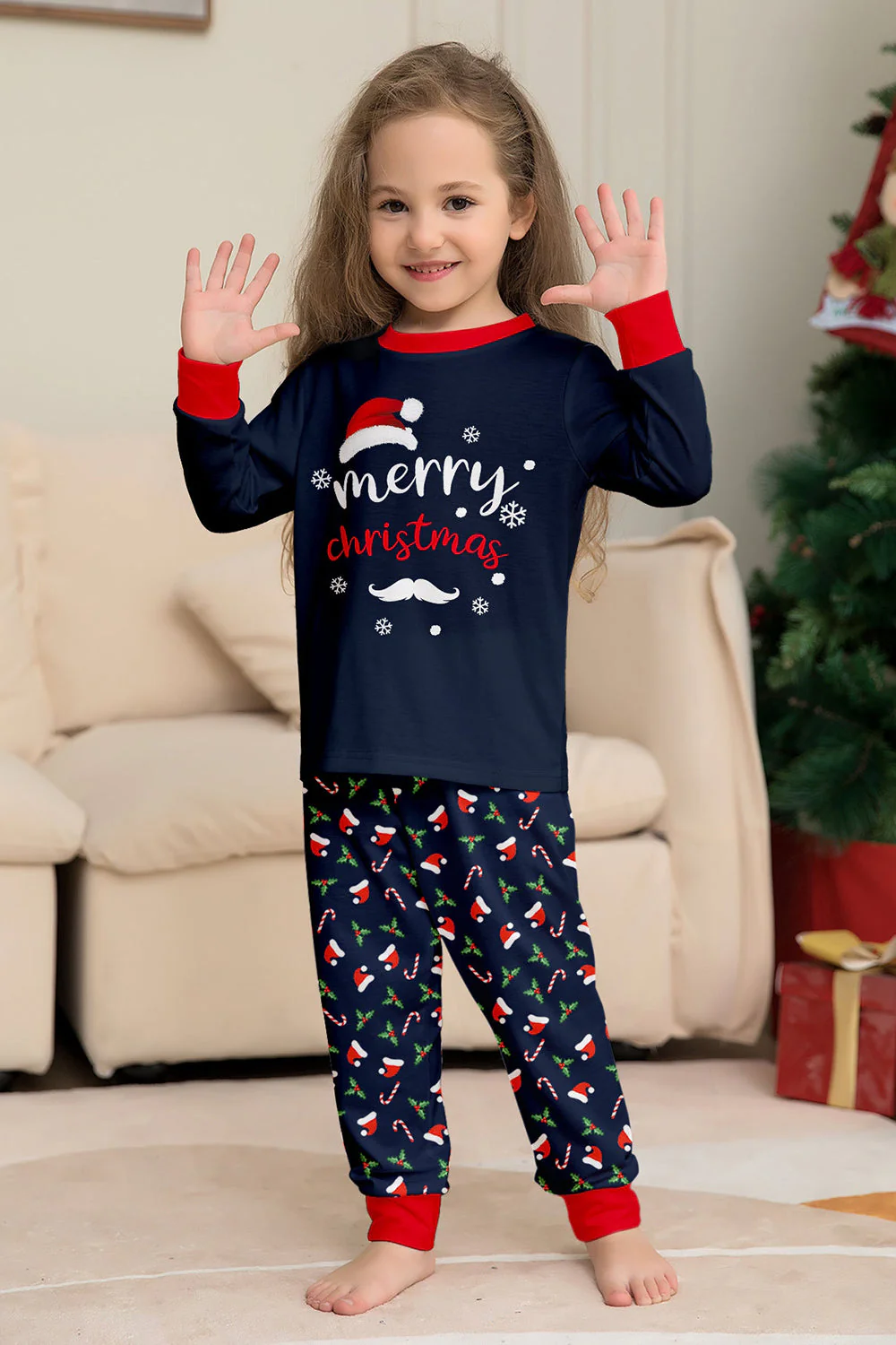 Ensemble de pyjama assorti familial imprimé Joyeux Noël bleu marine - Image 16