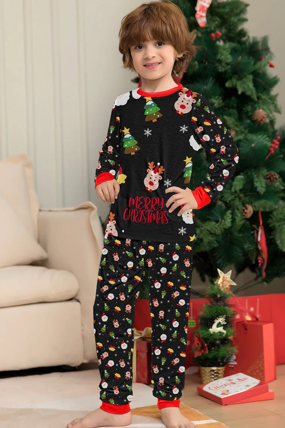 Ensemble de pyjama assorti familial imprimé rouge douillet de Noël - Image 24