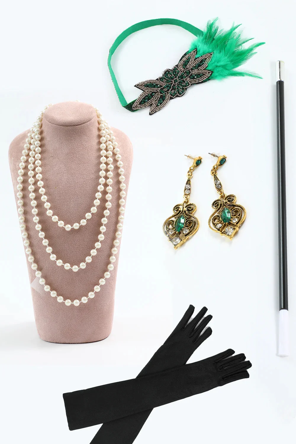 Ensemble de robe Gatsby à paillettes dorées vertes à franges des années 1920 avec accessoires - Image 5