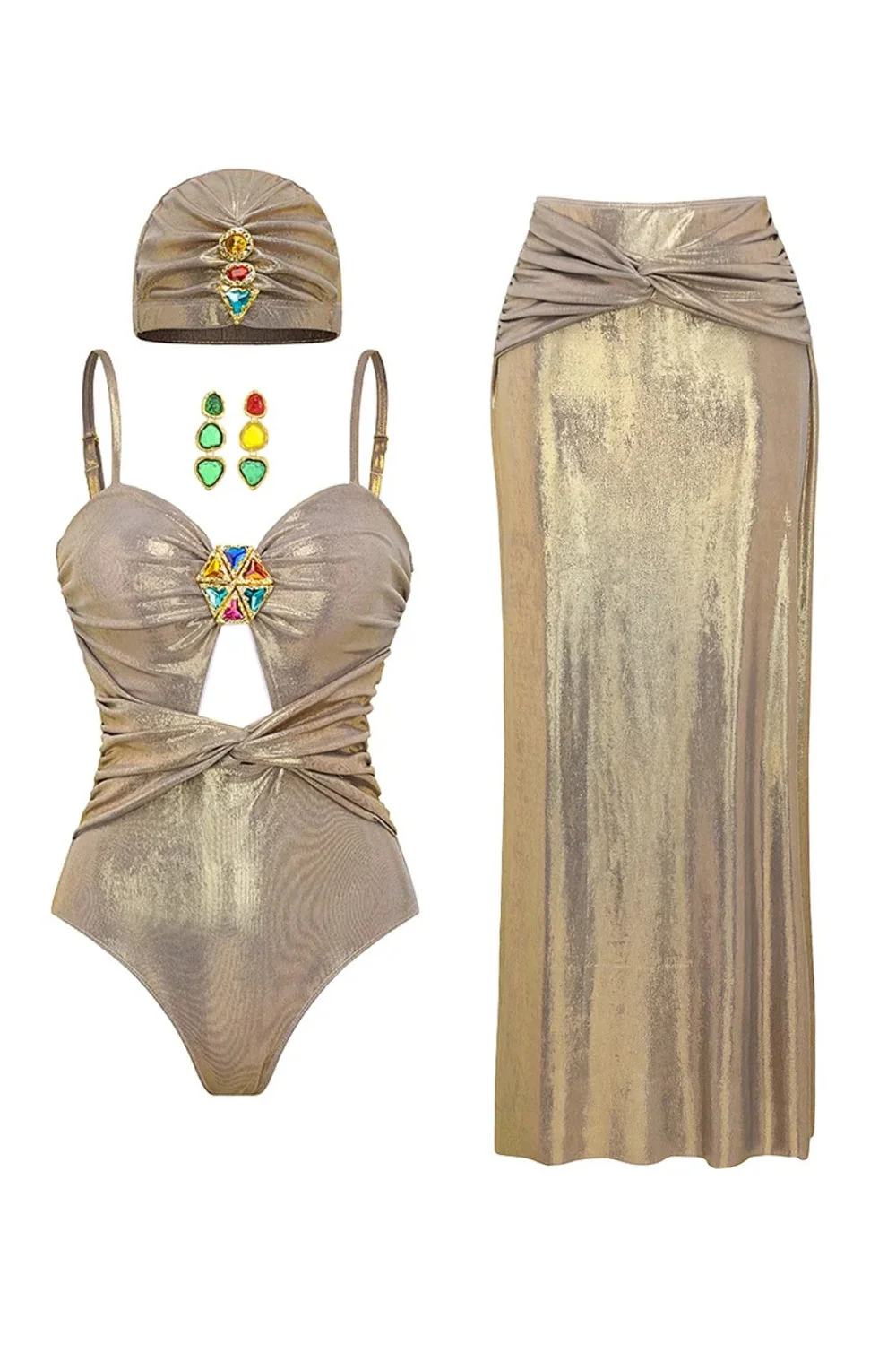Ensemble maillot de bain doré métallique 4 pièces découpé avec couverture