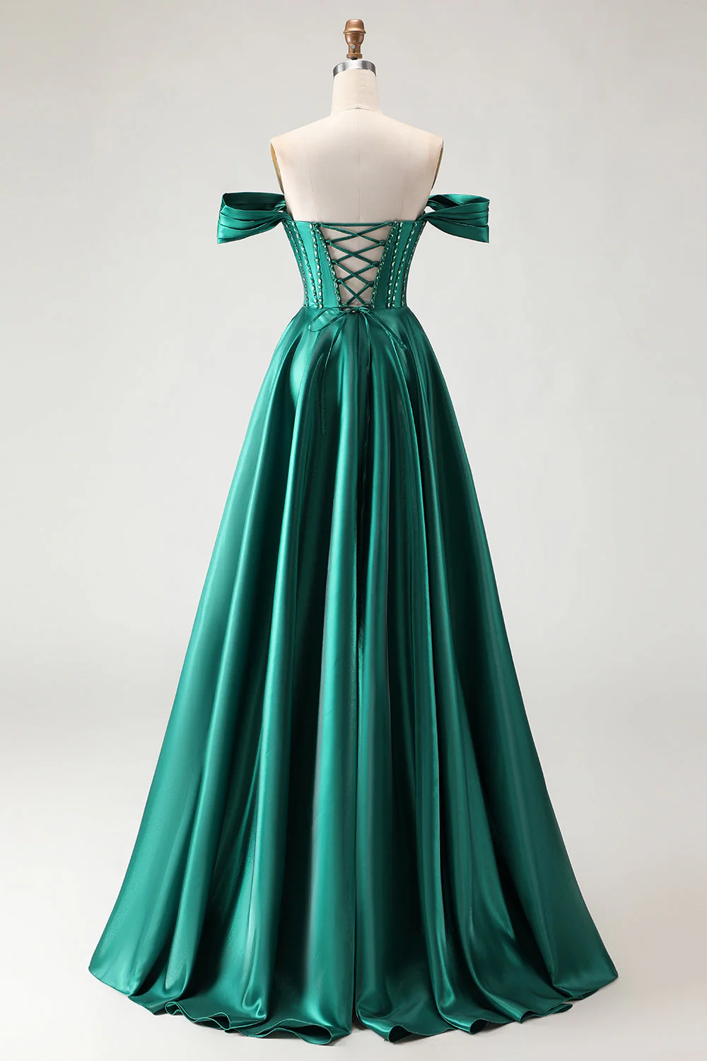 Robe de bal longue vert foncé à épaule décalée perlé avec fente - Image 2