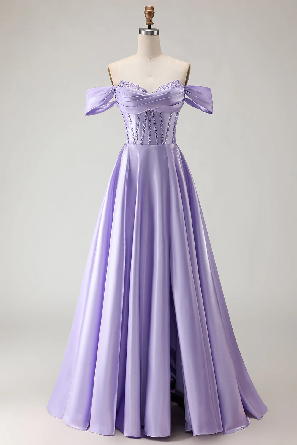 Robe de bal longue vert foncé à épaule décalée perlé avec fente - Image 7