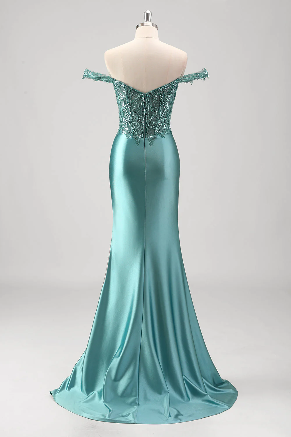 Épaule dénudée applique sirène gris vert robe de bal avec fente - Image 4