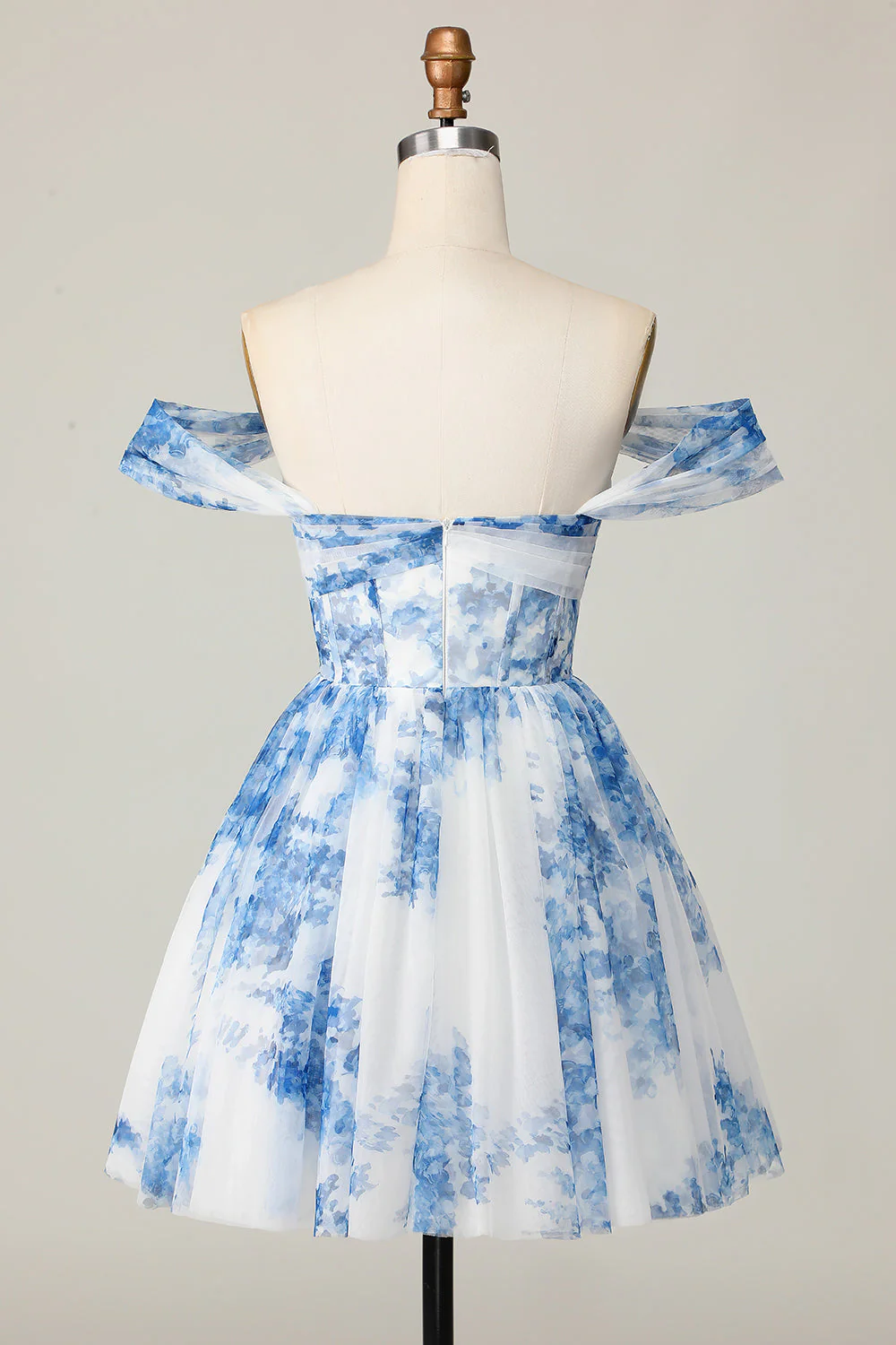 Épaule dénudée blanc bleu fleur une ligne robe courte de retour à la maison - Image 8