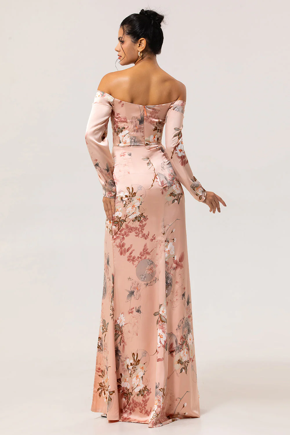 Épaule dénudée Blush Floral Gaine Longue Robe d’invité de mariage avec fente - Image 2