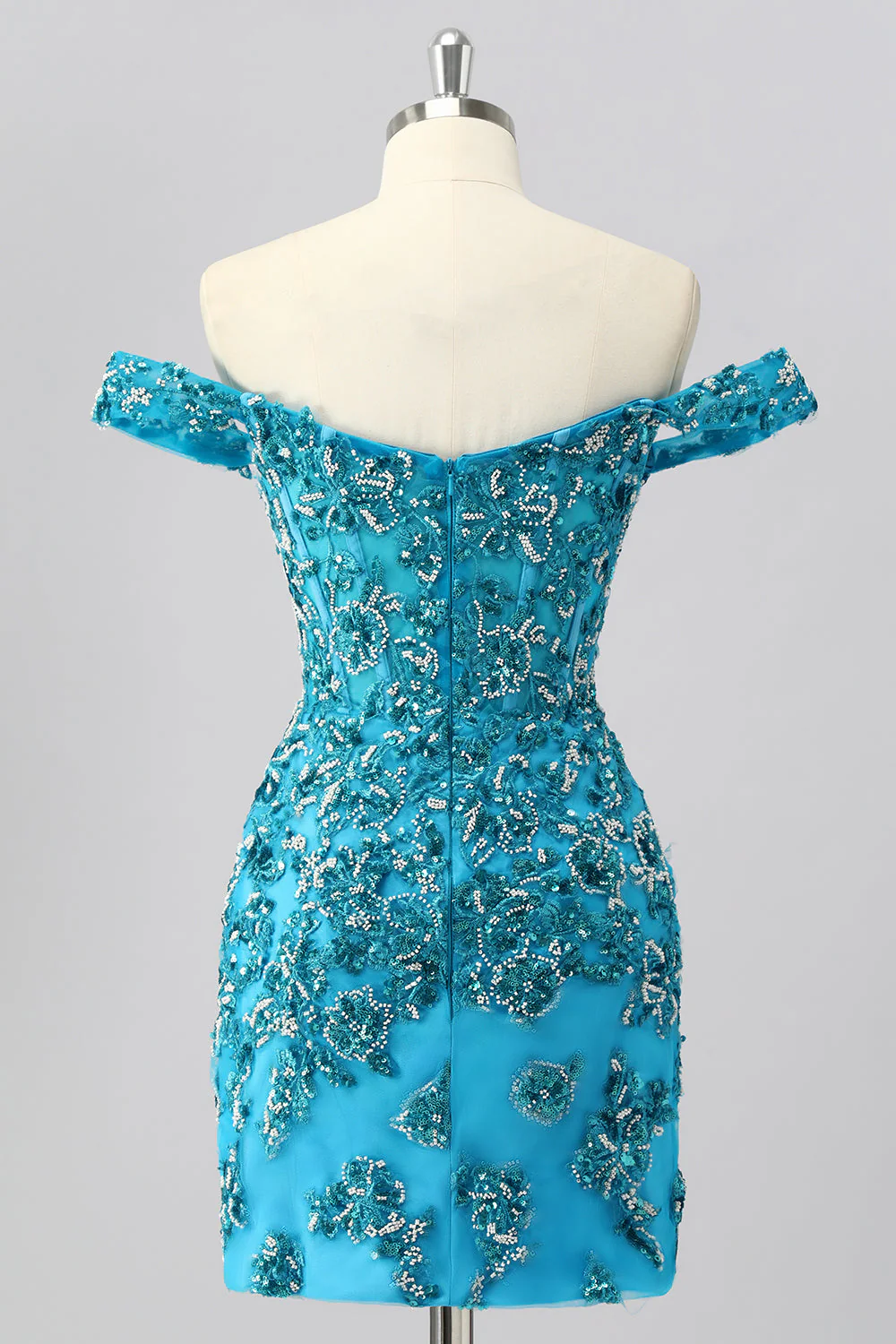 Épaule dénudée Corset perlé bleu Robe moulante de retour à la maison avec appliques - Image 2