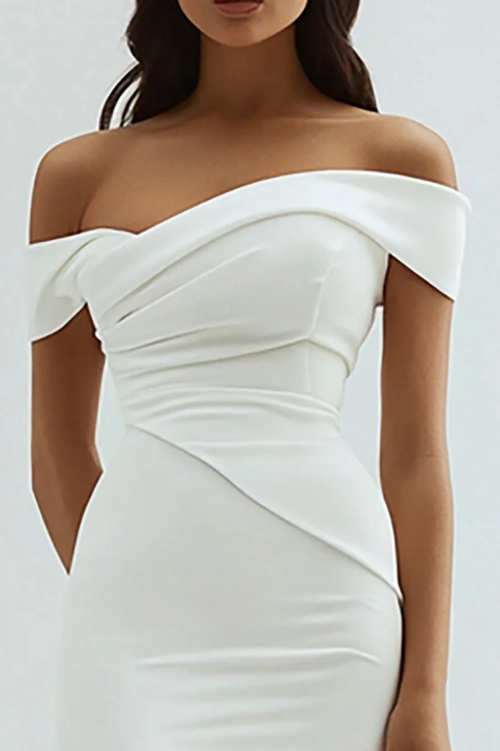 Épaule dénudée fourreau satin thé longueur blanche robe de graduation - Image 3