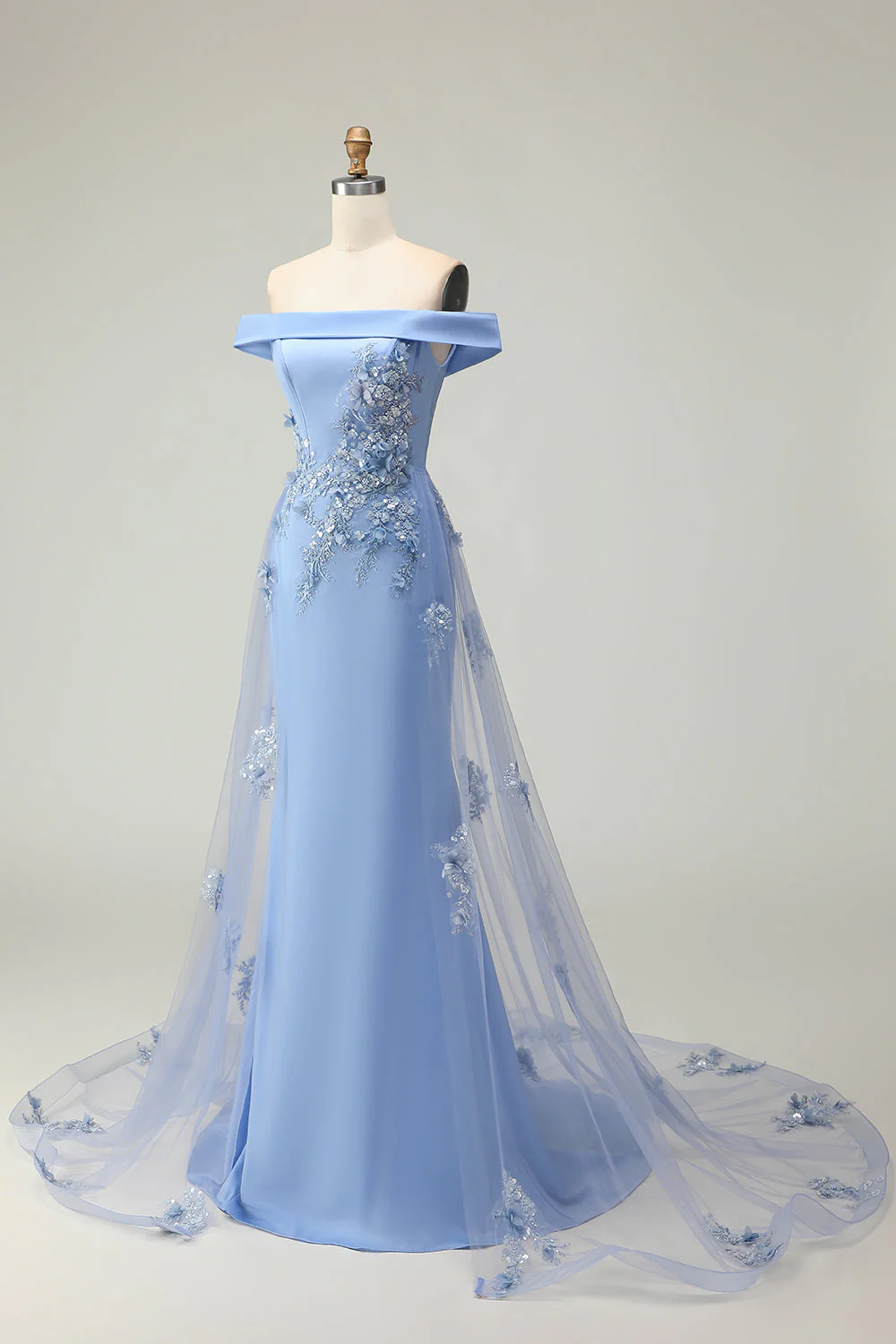 Épaule dénudée gris sirène bleue appliquée mère de la mariée robe à paillettes - Image 3