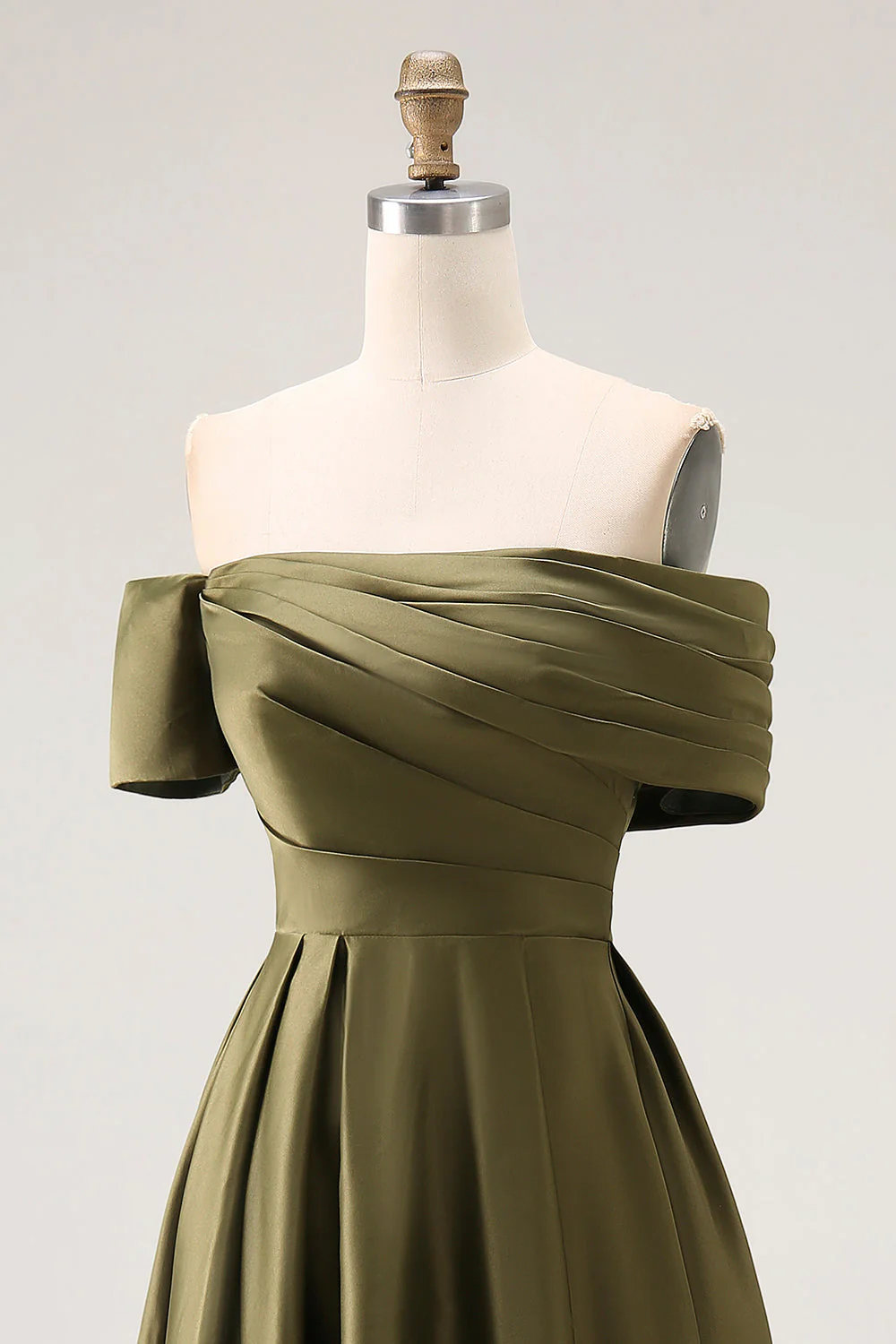 Épaule dénudée Olive trapèze froncé satin longueur cheville Robe mère de la mariée - Image 8