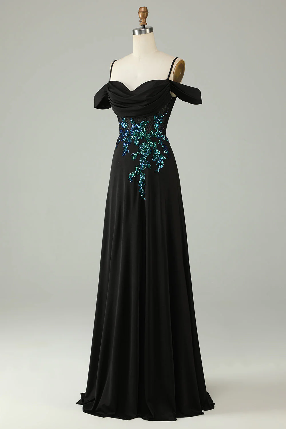 Épaule Froide Paillettes Noires Corset Robe de Soirée longue - Image 3