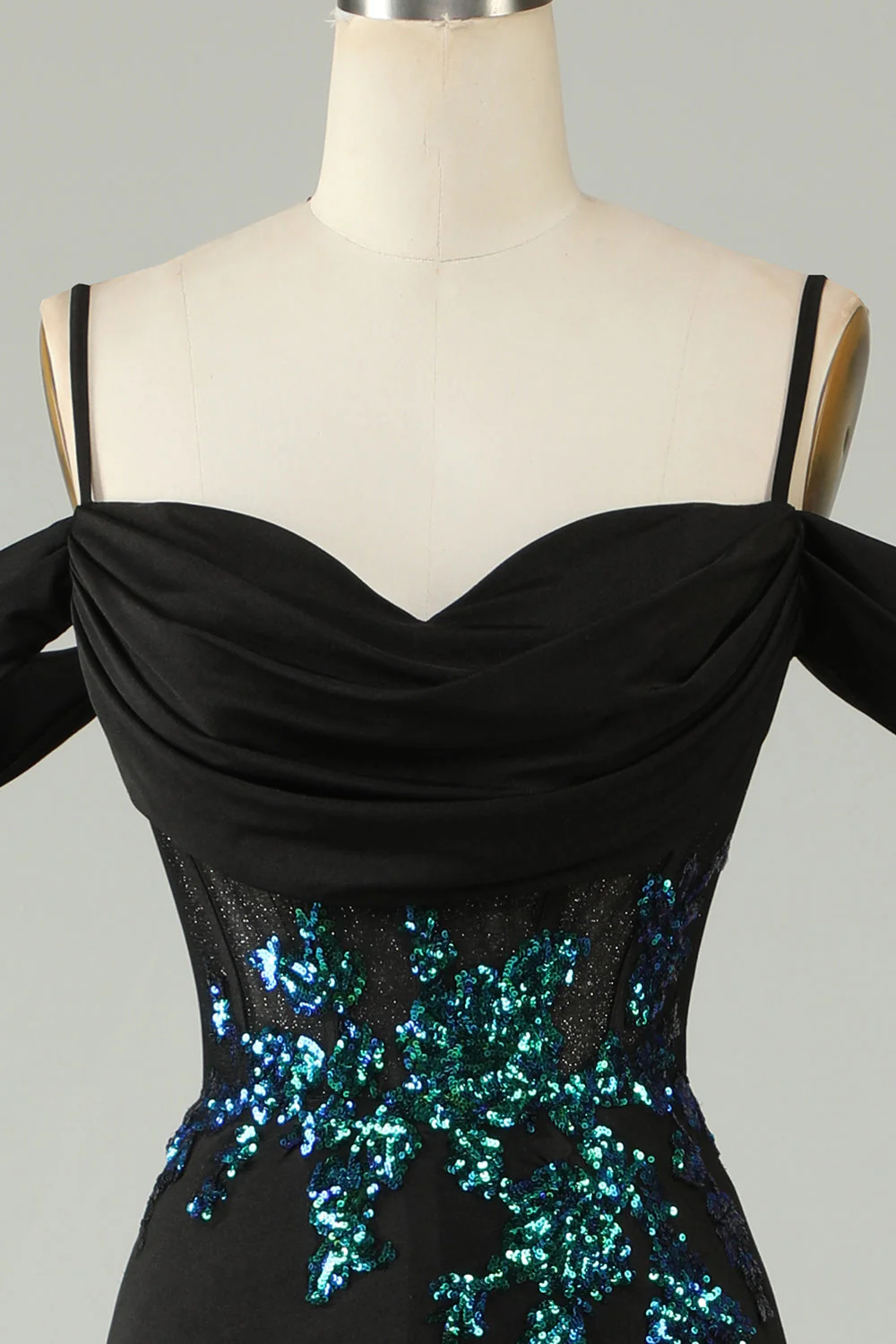 Épaule Froide Paillettes Noires Corset Robe de Soirée longue - Image 4