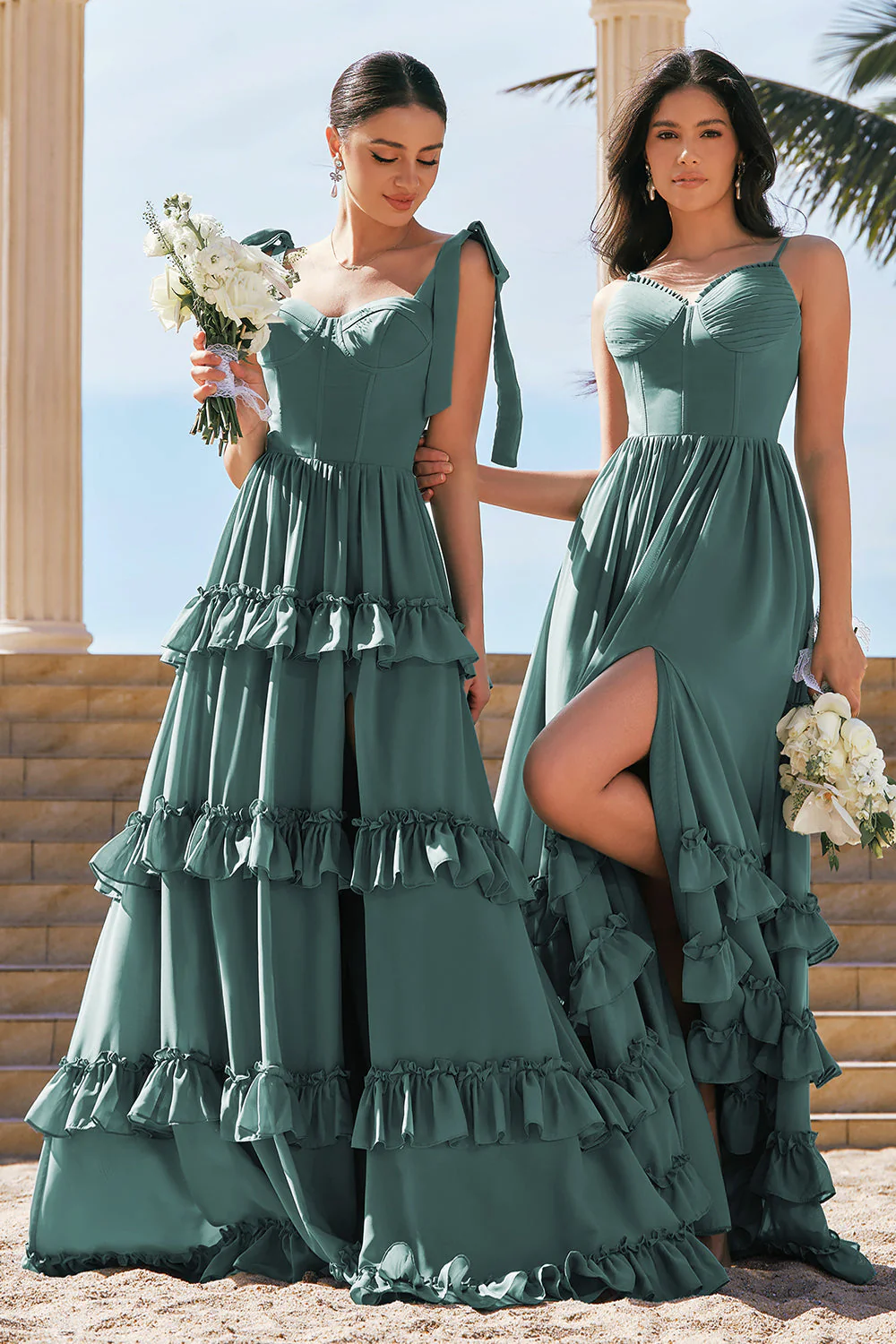 Eucalyptus A-ligne Corset Ruché Mousseline de soie Longue Robe de demoiselle d’honneur avec fente - Image 3
