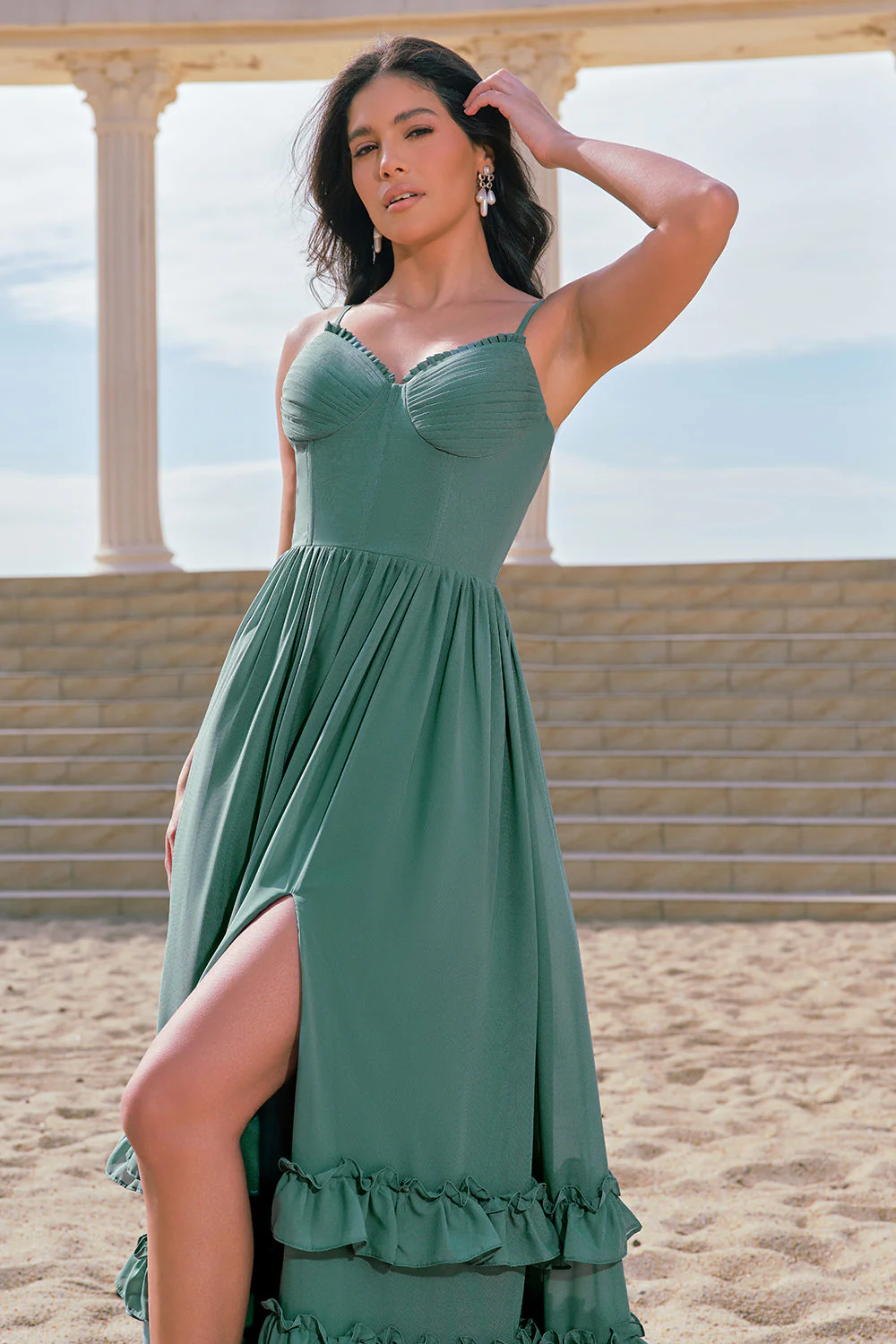 Eucalyptus A-ligne Corset Ruché Mousseline de soie Longue Robe de demoiselle d’honneur avec fente - Image 5