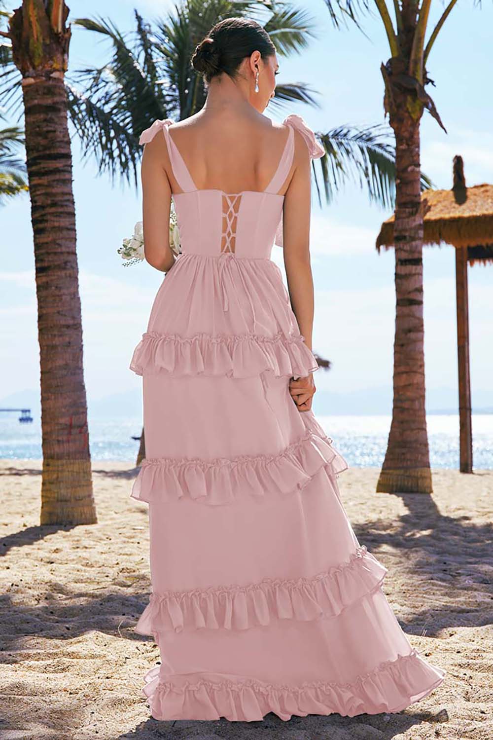 Robe longue de demoiselle d’honneur en mousseline de soie eucalyptus A ligne à bretelles avec corset noeud papillon et volants avec fente - Image 10