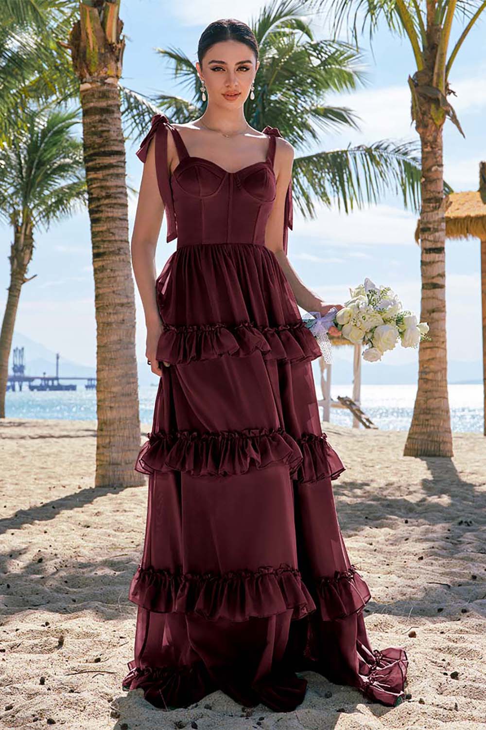 Robe longue de demoiselle d’honneur en mousseline de soie eucalyptus A ligne à bretelles avec corset noeud papillon et volants avec fente - Image 11