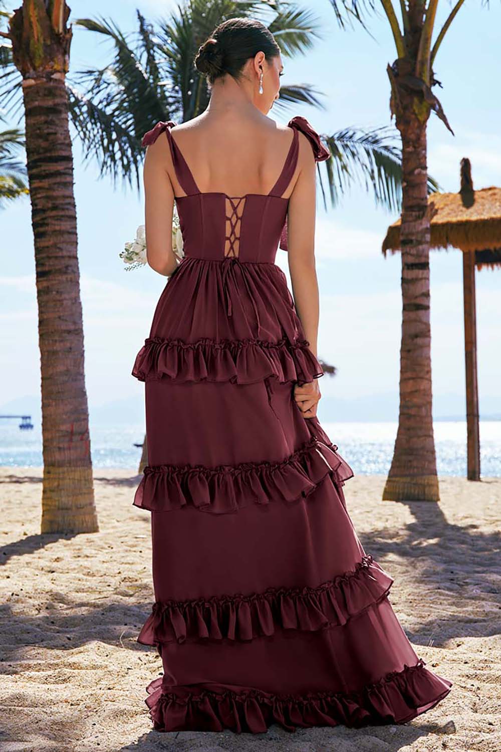 Robe longue de demoiselle d’honneur en mousseline de soie eucalyptus A ligne à bretelles avec corset noeud papillon et volants avec fente - Image 12