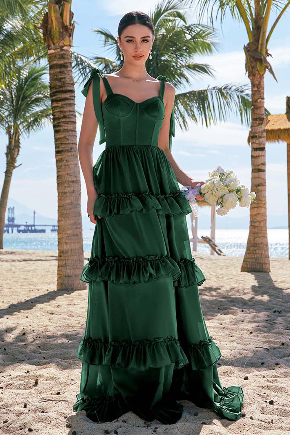 Robe longue de demoiselle d’honneur en mousseline de soie eucalyptus A ligne à bretelles avec corset noeud papillon et volants avec fente - Image 13