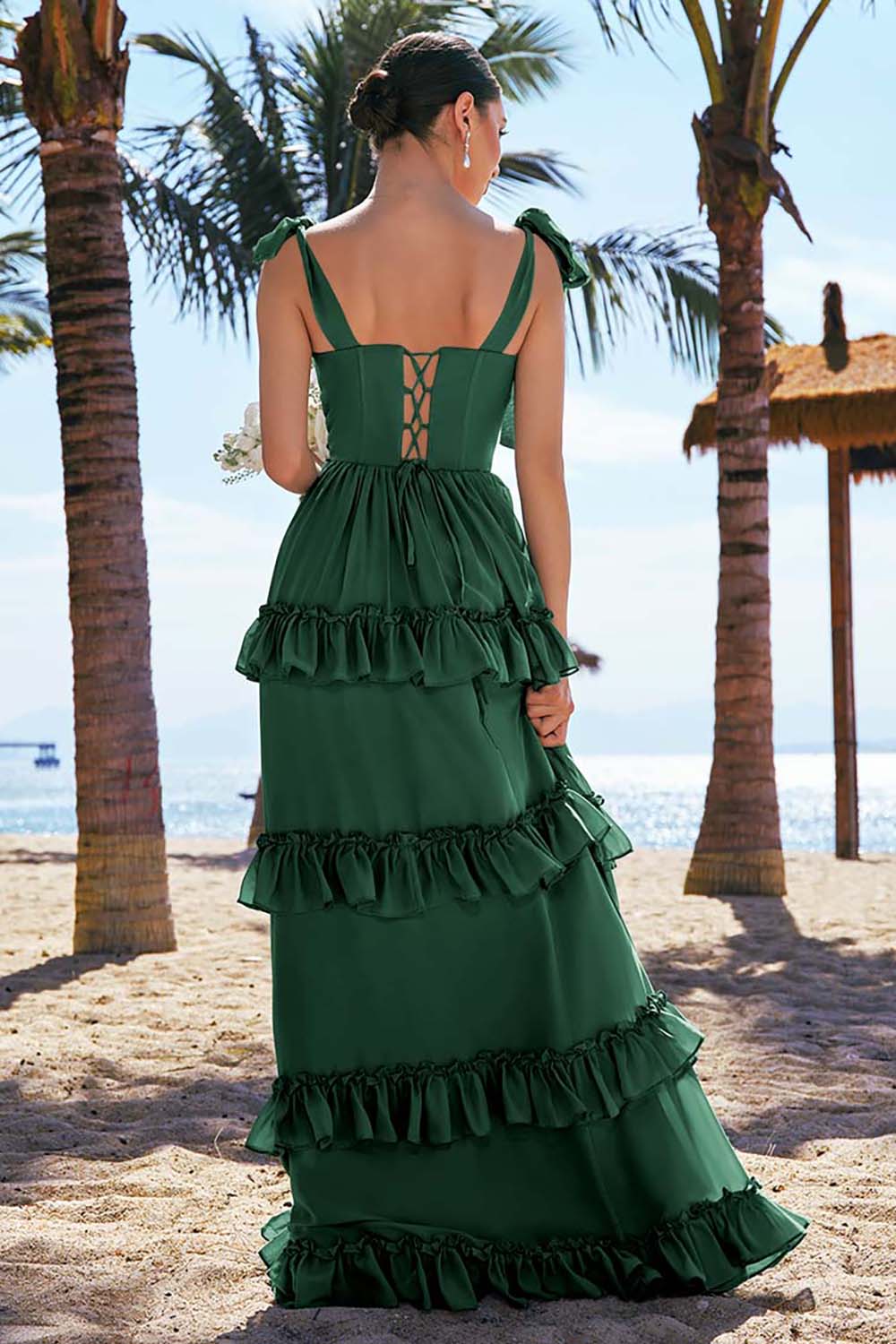 Robe longue de demoiselle d’honneur en mousseline de soie eucalyptus A ligne à bretelles avec corset noeud papillon et volants avec fente - Image 14