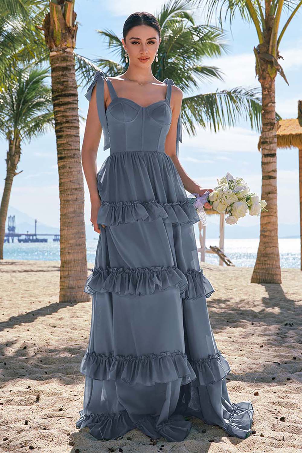 Robe longue de demoiselle d’honneur en mousseline de soie eucalyptus A ligne à bretelles avec corset noeud papillon et volants avec fente - Image 17