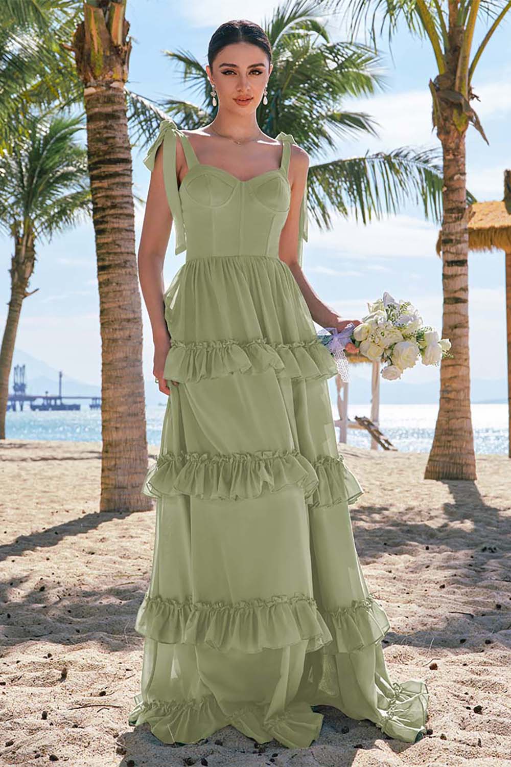 Robe longue de demoiselle d’honneur en mousseline de soie eucalyptus A ligne à bretelles avec corset noeud papillon et volants avec fente - Image 19